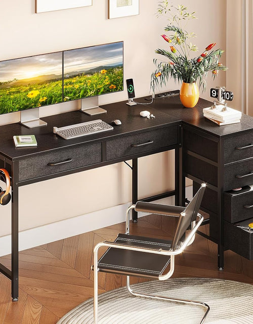 Load image into Gallery viewer, 50 Inch L Shaped Desk with Drawers, Computer Desk with Power Outlets, Home Office Desk with 6 Drawers, Reversible Corner Desk for Small Space, Study Work Table with Hook, Black
