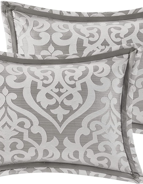 Load image into Gallery viewer, Tesla Cozy Comforter Set Jacquard Damask Medallion Design - All Season down Alternative Bedding, Shams, Bedskirt, Decorative Pillows, Queen, Silver 6 Piece
