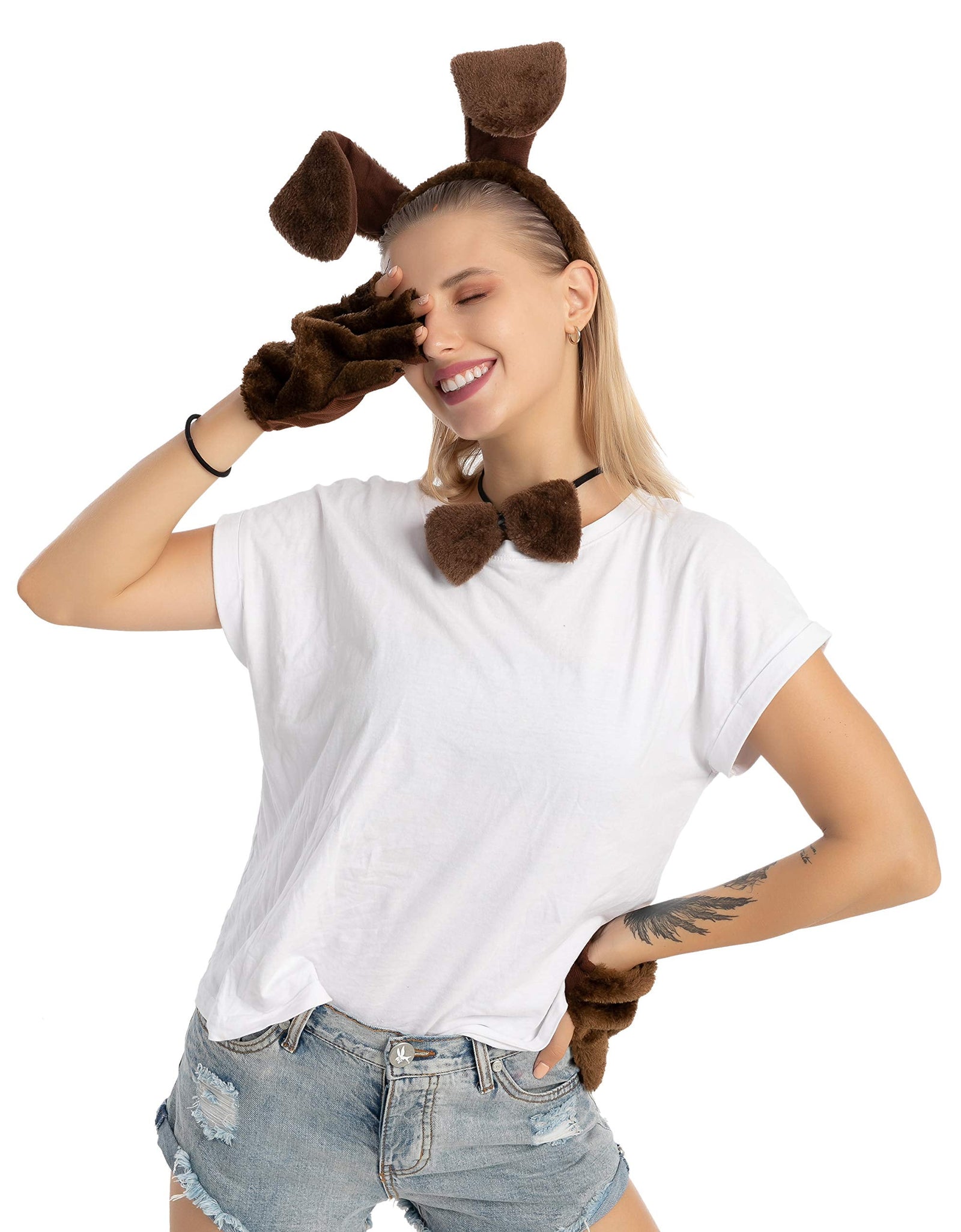 5 Pcs Animal Dog Puppy Costume Accessories Set for Adult & Kids, Halloween Party Dress-Up Accessories Set with Dog Puppy Ears Headband, Bowtie, Gloves and Tail Animal Costume Accessories