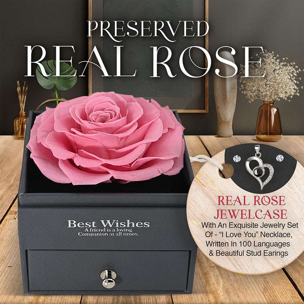 Glamour Boutique Preserved Rose in a Box with I Love You Necklace in 100 Languag