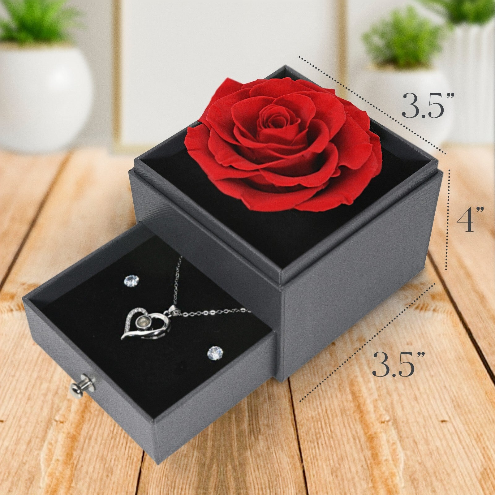 Glamour Boutique Preserved Rose in a Box with I Love You Necklace in 100 Languag