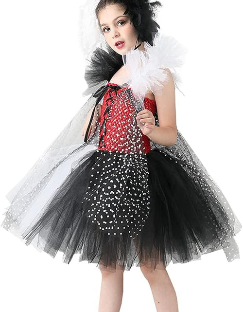Load image into Gallery viewer, Toddler Dalmatian Costume Girls Dalmatian Cruella Deville Costume Kids Dress up Devilish Cosplay Halloween Dalmation Costume Cape Infant Tutu Skirt Black and White Wigs Baby Birthday Party Outfit 2-3T
