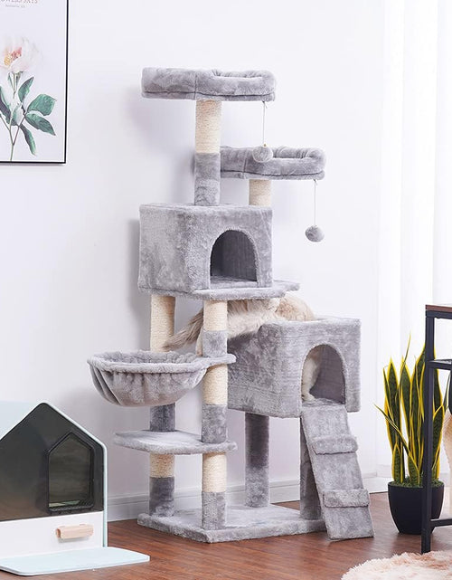 Load image into Gallery viewer, 58&#39;&#39; Multi-Level Cat Tree Condo Furniture with Sisal-Covered Scratching Posts, 2 Plush Condos, Hammock for Kittens, Cats and Pets Light Gray MPJ013W
