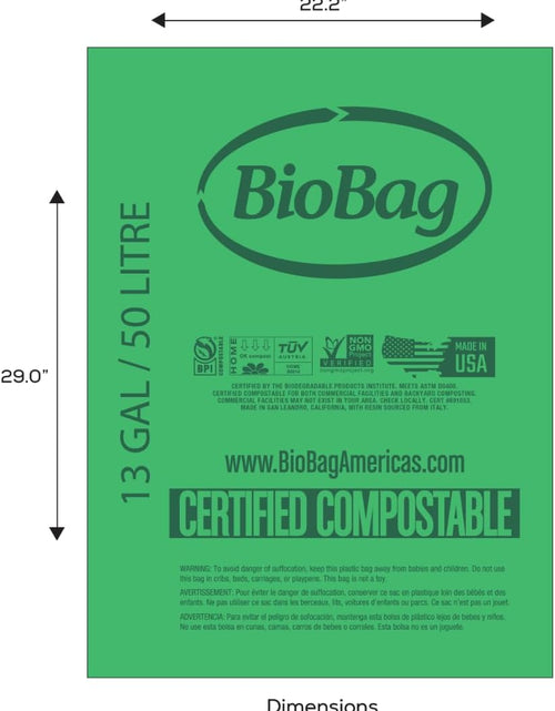 Load image into Gallery viewer, 13 Gallon Tall Kitchen Compostable Trash Bags by , 48 Count, BPI Certified, Meets ASTM D6400 Standards, Made in USA, Food Scrap Bin Liners
