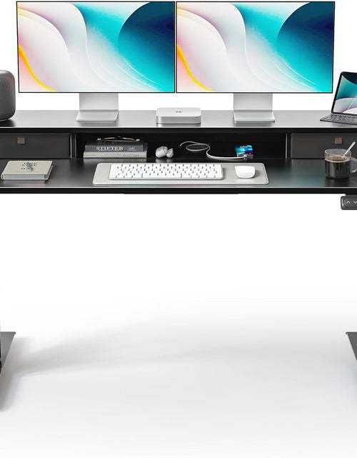 Load image into Gallery viewer, 55 X 24 Inch Height Adjustable Electric Standing Desk with Double Drawer, Stand up Home Office Computer Desk with 4 Height-Adjustable Feets &amp; 2 Hooks, Black
