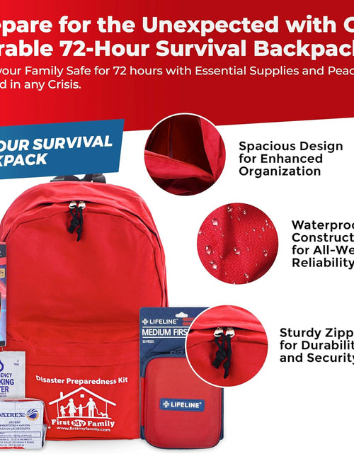 Load image into Gallery viewer, First My Family All-In-One Premium 2-Person Emergency Survival Kit | Hurricane &amp; Earthquake Preparedness Supplies | Disaster Backpack with 72-Hour Survival Gear, First Aid, and More
