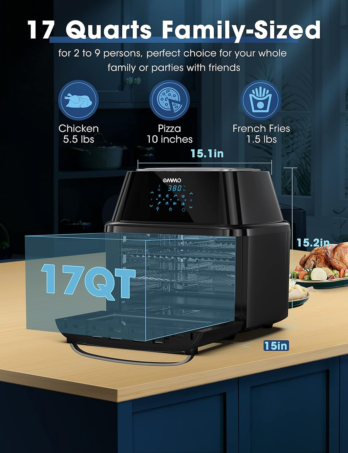 Air Fryer Oven 17-Quart,  1800W Countertop Air Fryer Toaster Oven Combo with Rotisserie & Dehydrator, Digital Controls, 8 Presets, Rich Accessories & Cookbook (40+ Recipes), ETL Certified