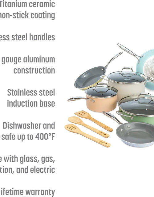 Load image into Gallery viewer, Ceramic Nonstick Pots and Pans Set, Titanium-Reinforced Premium Nonstick Coating, Dishwasher Safe Pots and Pans, Tempered Glass Steam Vented Lids, Stainless Steel Handles, 12-Piece, Mulitcolor
