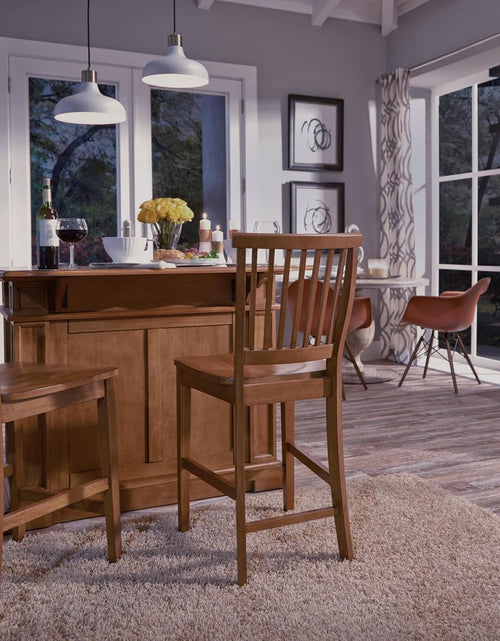 Load image into Gallery viewer, Americana Cottage Oak 3-Piece Kitchen Island Set with Hardwood Drop Leaf Top and Two Counter Stools
