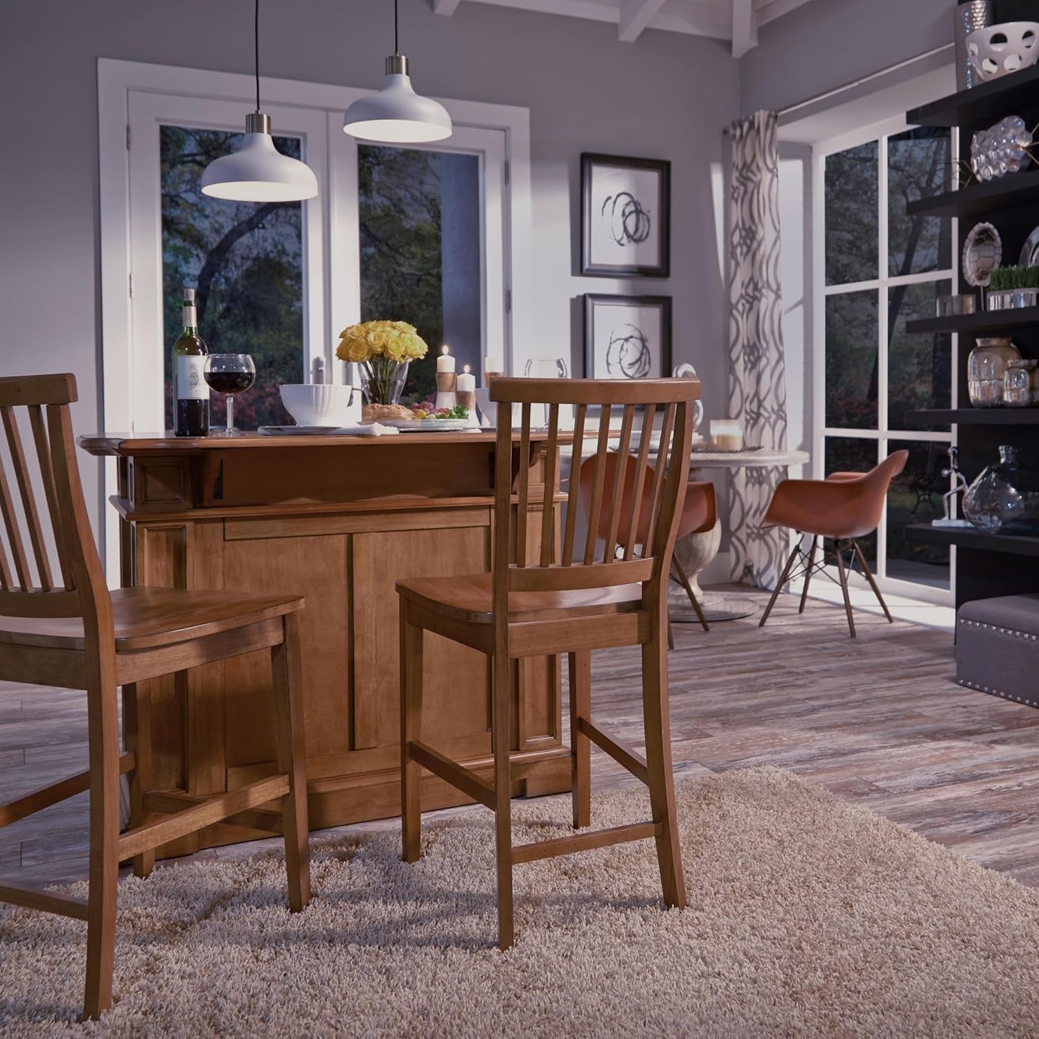 Americana Cottage Oak 3-Piece Kitchen Island Set with Hardwood Drop Leaf Top and Two Counter Stools