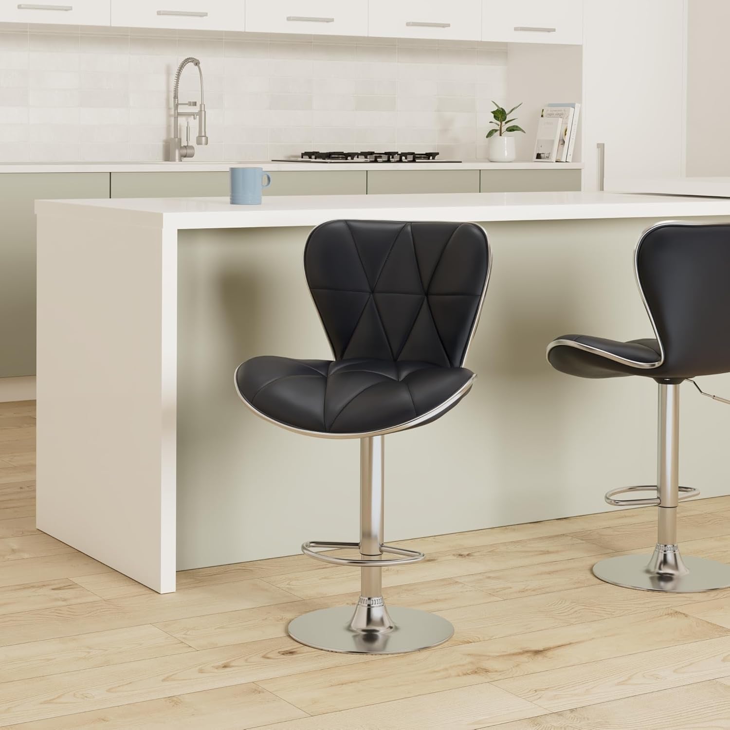 Leader Shell Back Bar Stools Set of 2, Adjustable Bar Stool with Back, Swivel Barstools (Black)