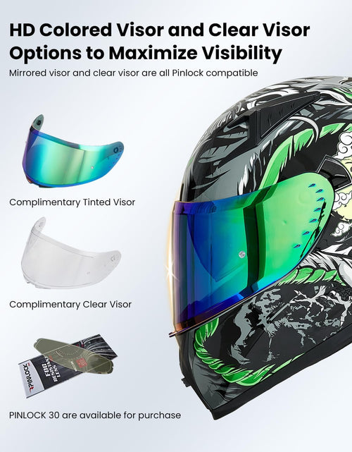 Load image into Gallery viewer, Motorcycle Helmet Full Face with Pinlock Compatible Clear&amp;Tinted Visors and Fins Street Bike Motocross Casco DOT Model Z501(Legend Green, X-Large)
