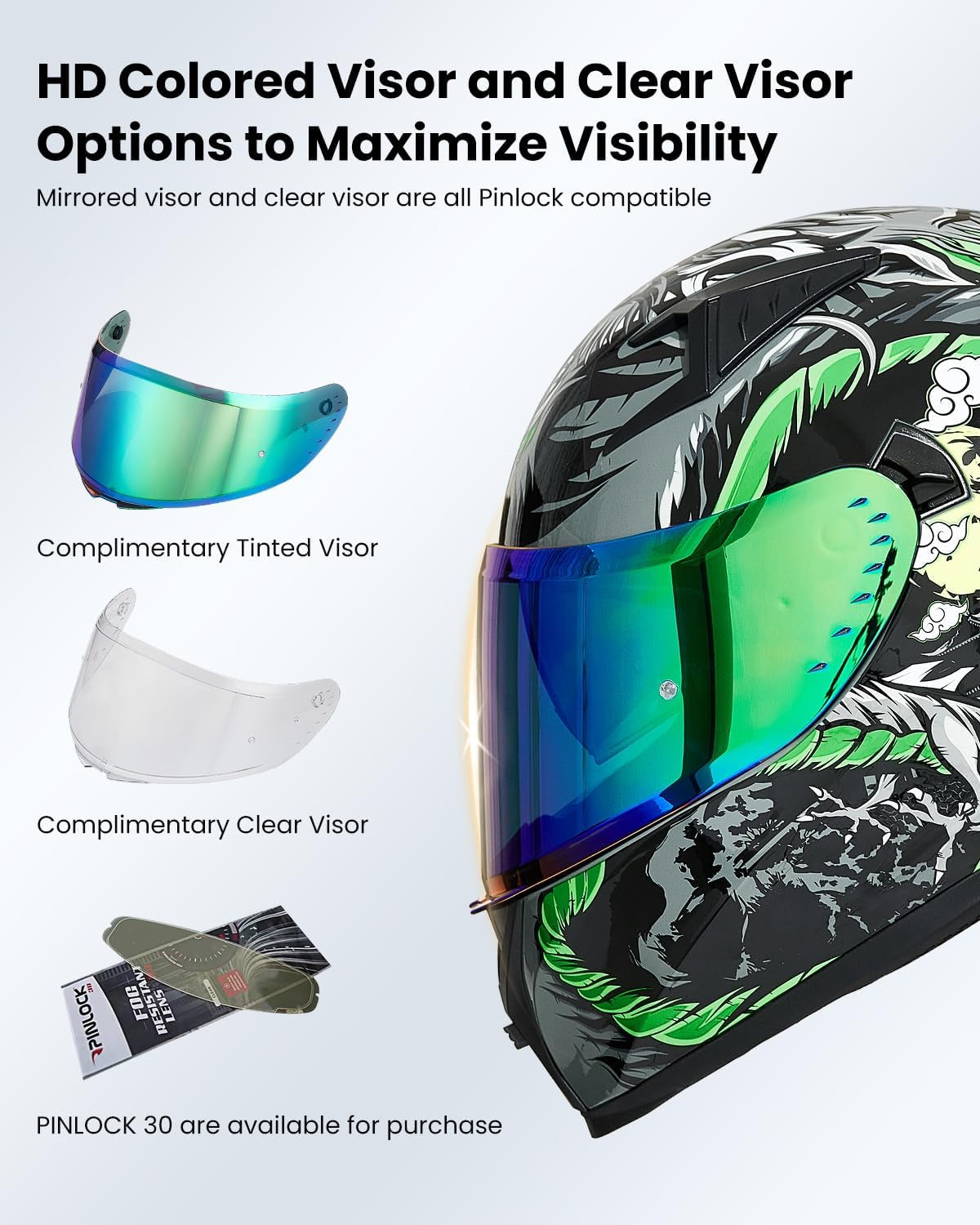 Motorcycle Helmet Full Face with Pinlock Compatible Clear&Tinted Visors and Fins Street Bike Motocross Casco DOT Model Z501(Legend Green, X-Large)
