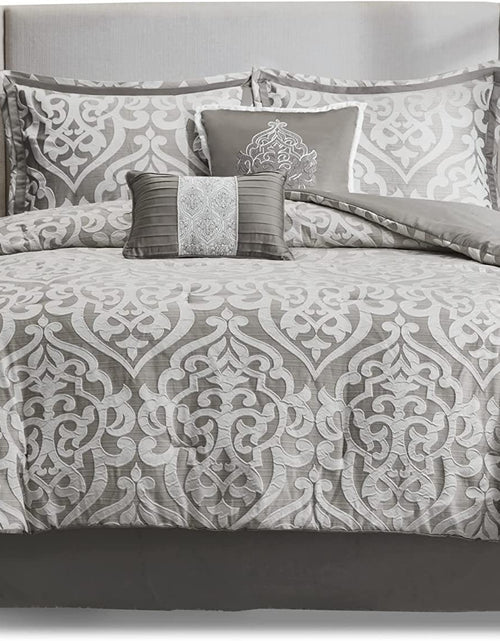 Load image into Gallery viewer, Tesla Cozy Comforter Set Jacquard Damask Medallion Design - All Season down Alternative Bedding, Shams, Bedskirt, Decorative Pillows, Queen, Silver 6 Piece
