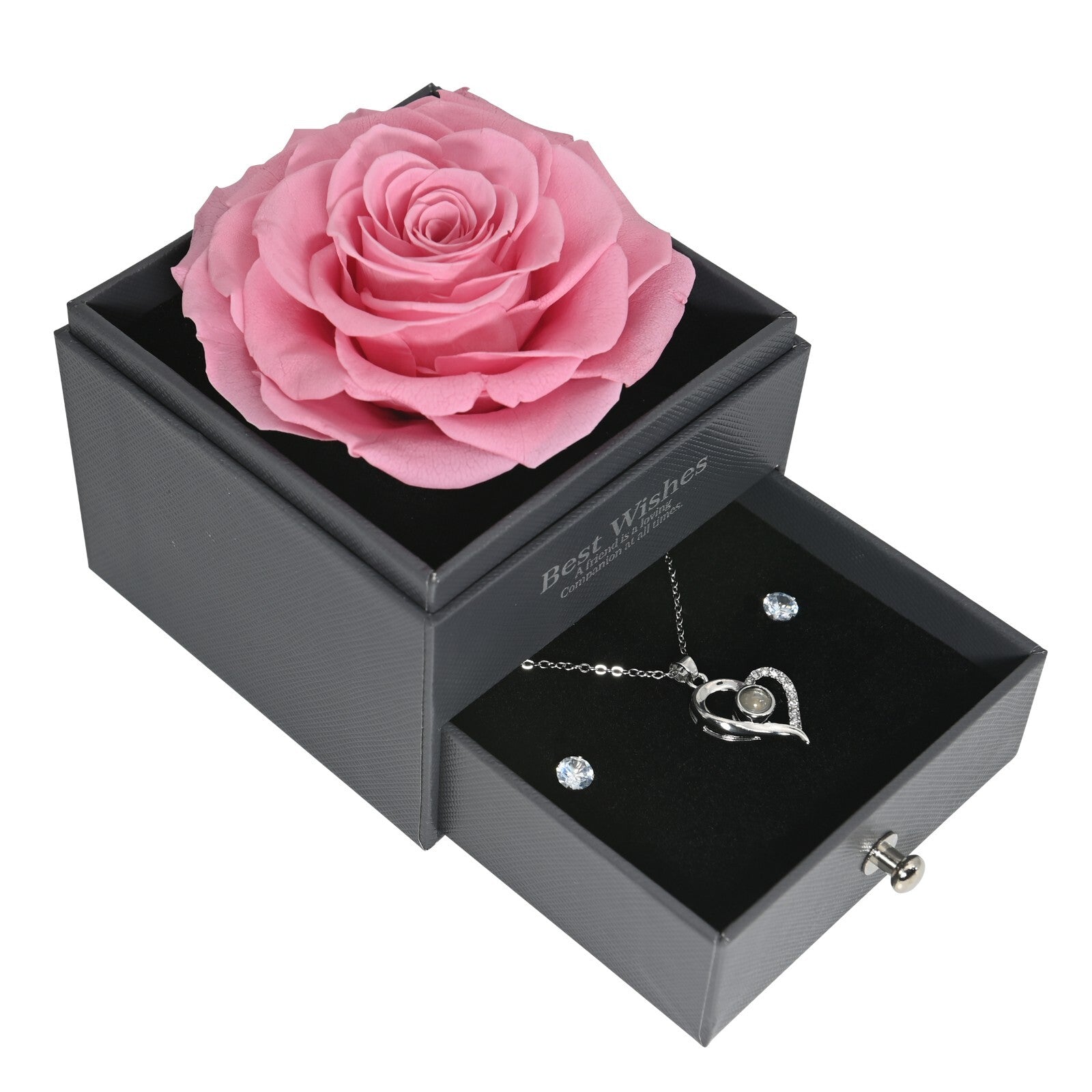 Glamour Boutique Preserved Rose in a Box with I Love You Necklace in 100 Languag