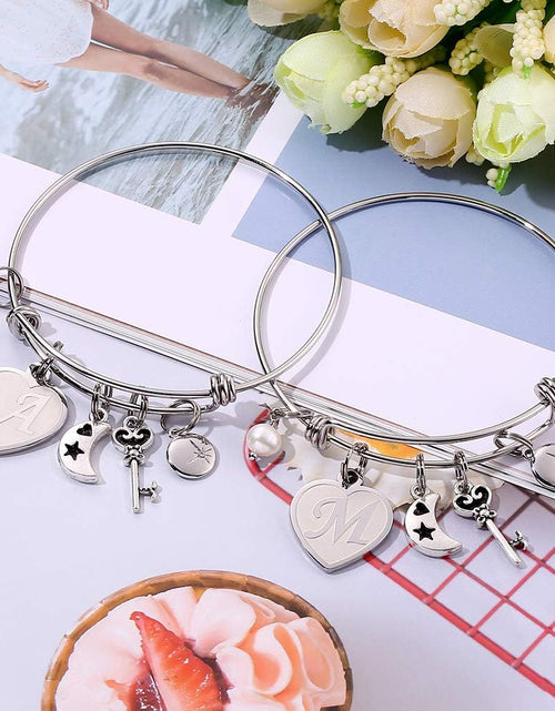 Load image into Gallery viewer, Initial Charm Bracelets for Women Gifts - Engraved 26 Letters Initial Charms Bracelet Stainless Steel Bangle Bracelet Birthday Christmas Jewelry Gift for Women Teen Girls
