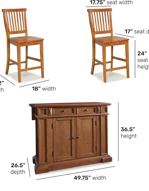 Load image into Gallery viewer, Americana Cottage Oak 3-Piece Kitchen Island Set with Hardwood Drop Leaf Top and Two Counter Stools
