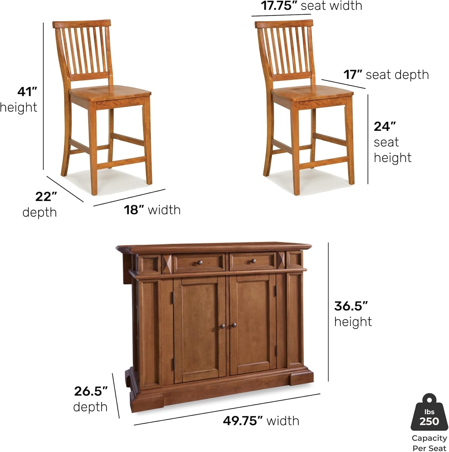 Americana Cottage Oak 3-Piece Kitchen Island Set with Hardwood Drop Leaf Top and Two Counter Stools