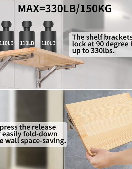 Load image into Gallery viewer, Folding Shelf Brackets 16 Inch, Max Load: 330Lb Heavy Duty Stainless Steel Collapsible Shelf Bracket for Table Work Bench, Space Saving DIY Bracket, Pack of 2
