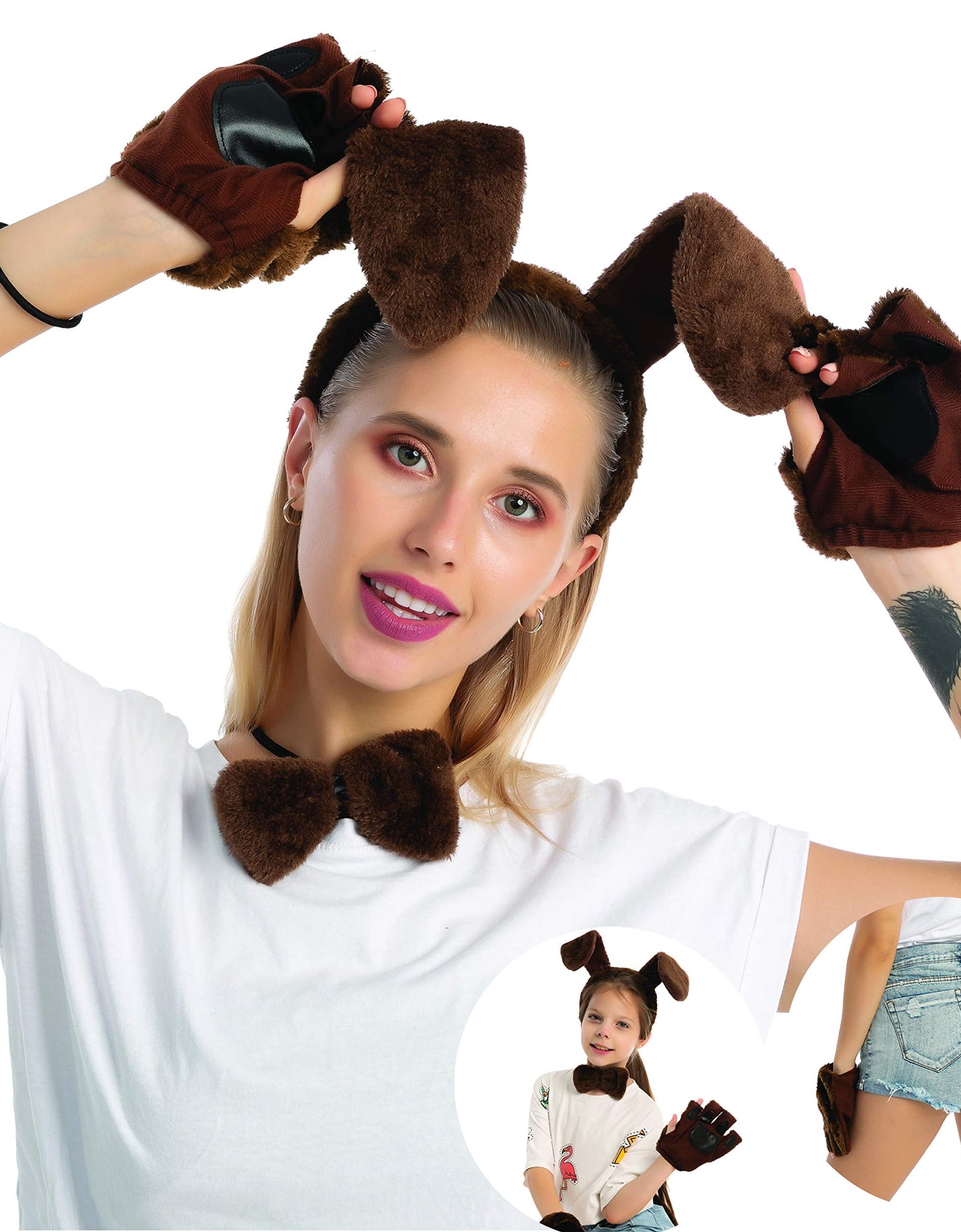 5 Pcs Animal Dog Puppy Costume Accessories Set for Adult & Kids, Halloween Party Dress-Up Accessories Set with Dog Puppy Ears Headband, Bowtie, Gloves and Tail Animal Costume Accessories