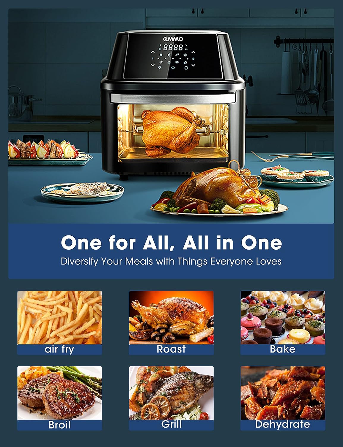 Air Fryer Oven 17-Quart,  1800W Countertop Air Fryer Toaster Oven Combo with Rotisserie & Dehydrator, Digital Controls, 8 Presets, Rich Accessories & Cookbook (40+ Recipes), ETL Certified