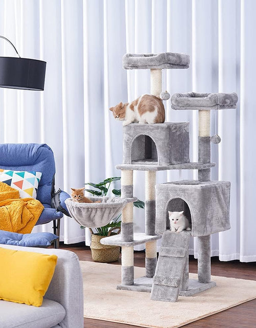 Load image into Gallery viewer, 58&#39;&#39; Multi-Level Cat Tree Condo Furniture with Sisal-Covered Scratching Posts, 2 Plush Condos, Hammock for Kittens, Cats and Pets Light Gray MPJ013W
