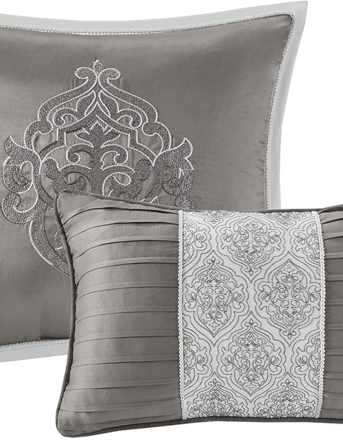 Load image into Gallery viewer, Tesla Cozy Comforter Set Jacquard Damask Medallion Design - All Season down Alternative Bedding, Shams, Bedskirt, Decorative Pillows, Queen, Silver 6 Piece
