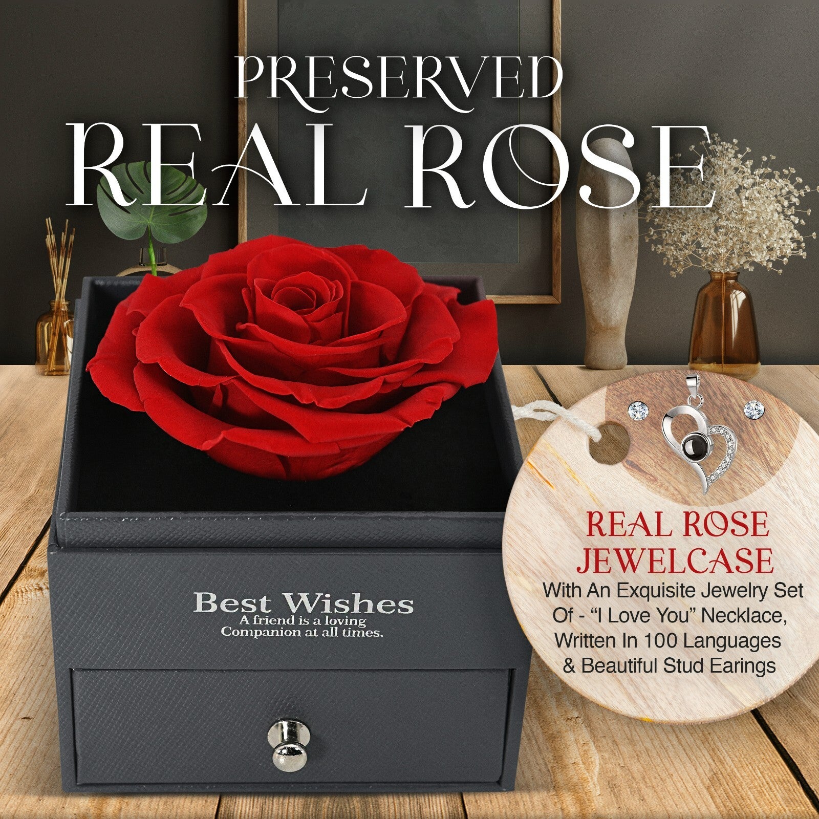 Glamour Boutique Preserved Rose in a Box with I Love You Necklace in 100 Languag