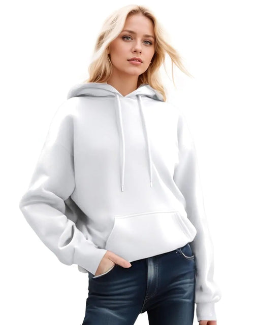 Load image into Gallery viewer, KOBPT Women Hoodies Long Sleeve Pockets Hooded Sweater Solid Drawstring Pullover Fashion Sweatshirts Tops White
