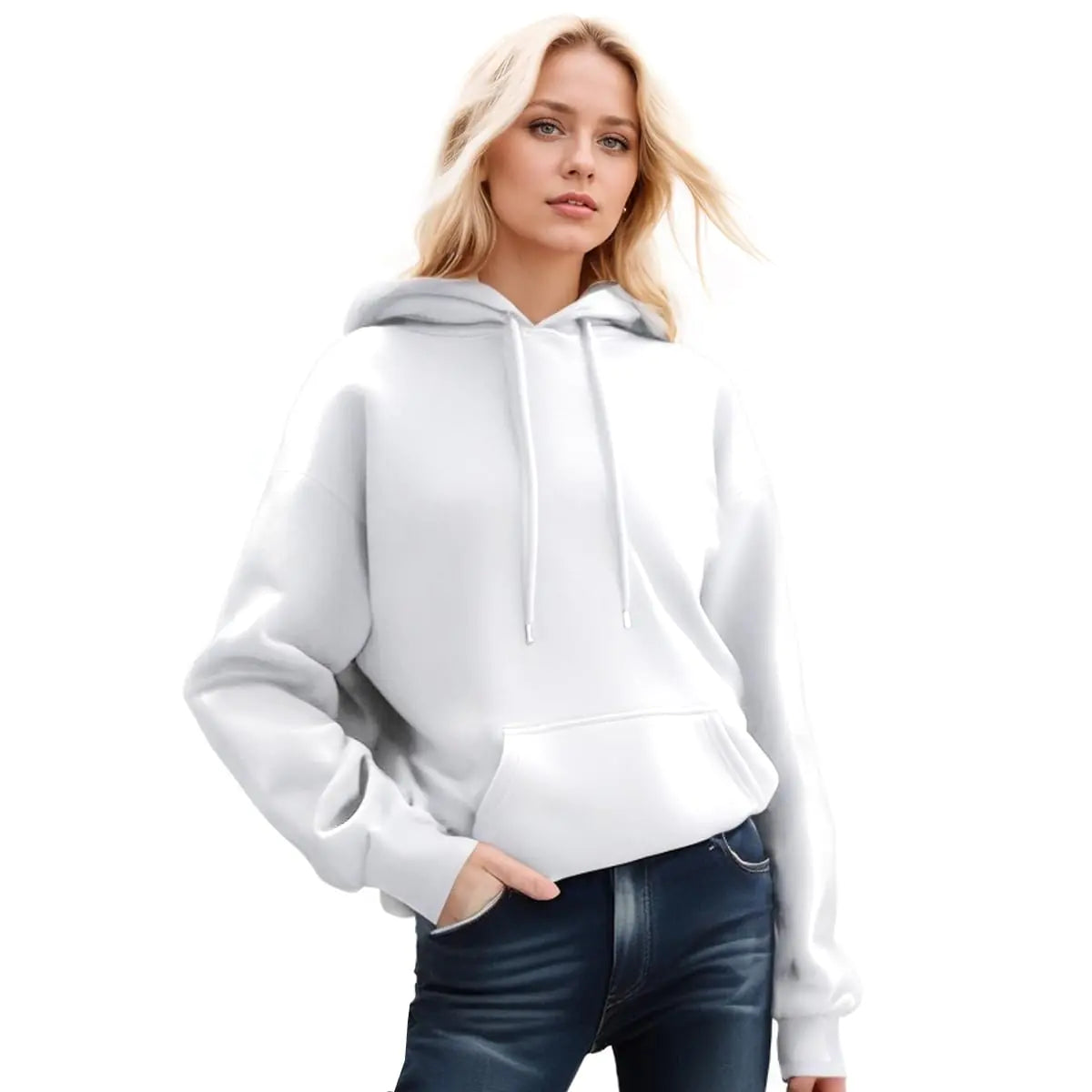 KOBPT Women Hoodies Long Sleeve Pockets Hooded Sweater Solid Drawstring Pullover Fashion Sweatshirts Tops White