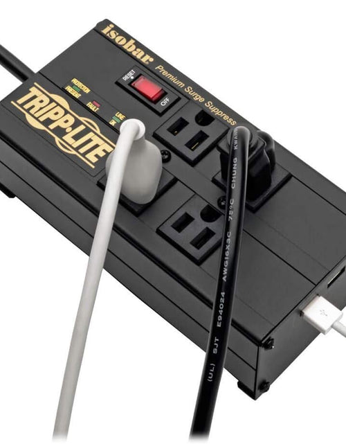 Load image into Gallery viewer, Isobar 4 Outlet Surge Protector Power Strip with 2 USB Charging Ports, 8Ft Long Cord, Right-Angle Plug, Metal, 3330 Joules, Lifetime Limited Warranty &amp; $50K Insurance (Ibar4Ultrausbb),Black
