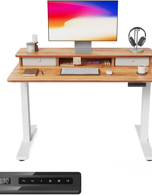 Load image into Gallery viewer, 40 X 24 Inch Height Adjustable Electric Standing Desk with Double Drawer, Computer Desk, Home Office Stand up Table with 4 Height-Adjustable Feets &amp; 2 Hooks, Light Rustic
