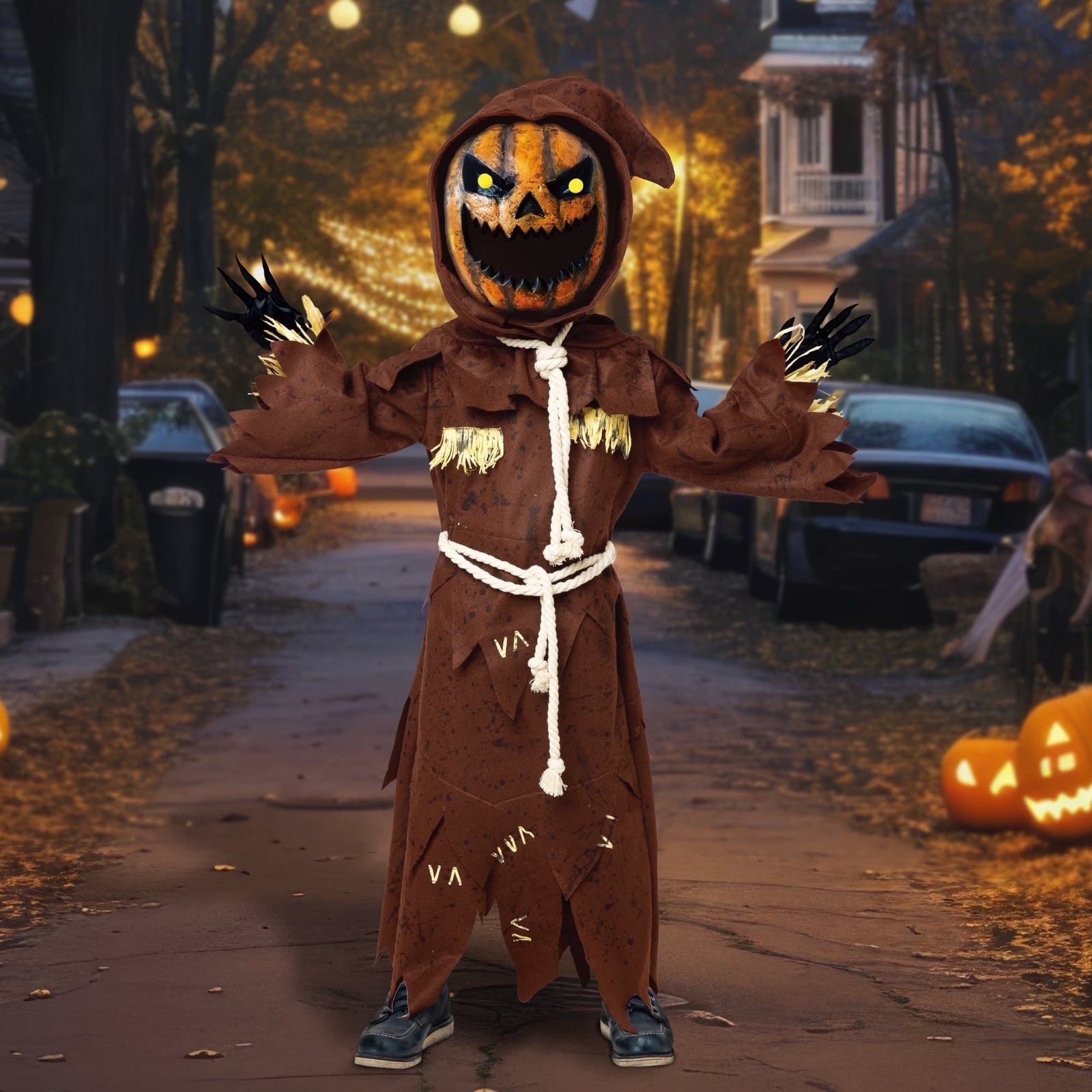 Scary Scarecrow Pumpkin Costume for Kids, Pumpkin Costume for Boys, Scarecrow Halloween Costume with Pumpkin Mask for Toddler Halloween Fancy Dress Cosplay 5-10 Years