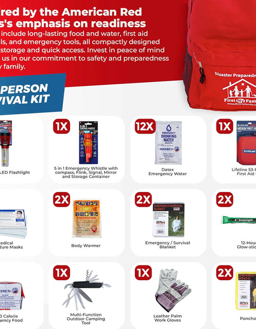 Load image into Gallery viewer, First My Family All-In-One Premium 2-Person Emergency Survival Kit | Hurricane &amp; Earthquake Preparedness Supplies | Disaster Backpack with 72-Hour Survival Gear, First Aid, and More
