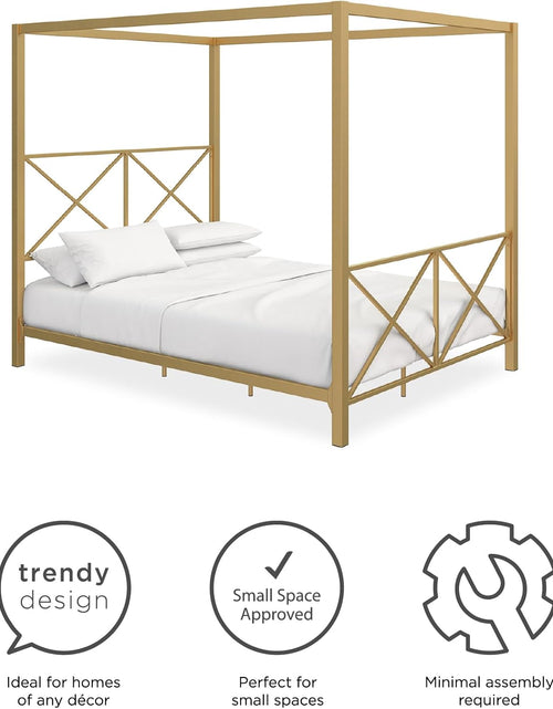 Load image into Gallery viewer, Rosedale Metal Canopy Bed Frame with Four Poster Design and Geometric Accented Headboard and Footboard, Underbed Storage Space, Queen, Gold
