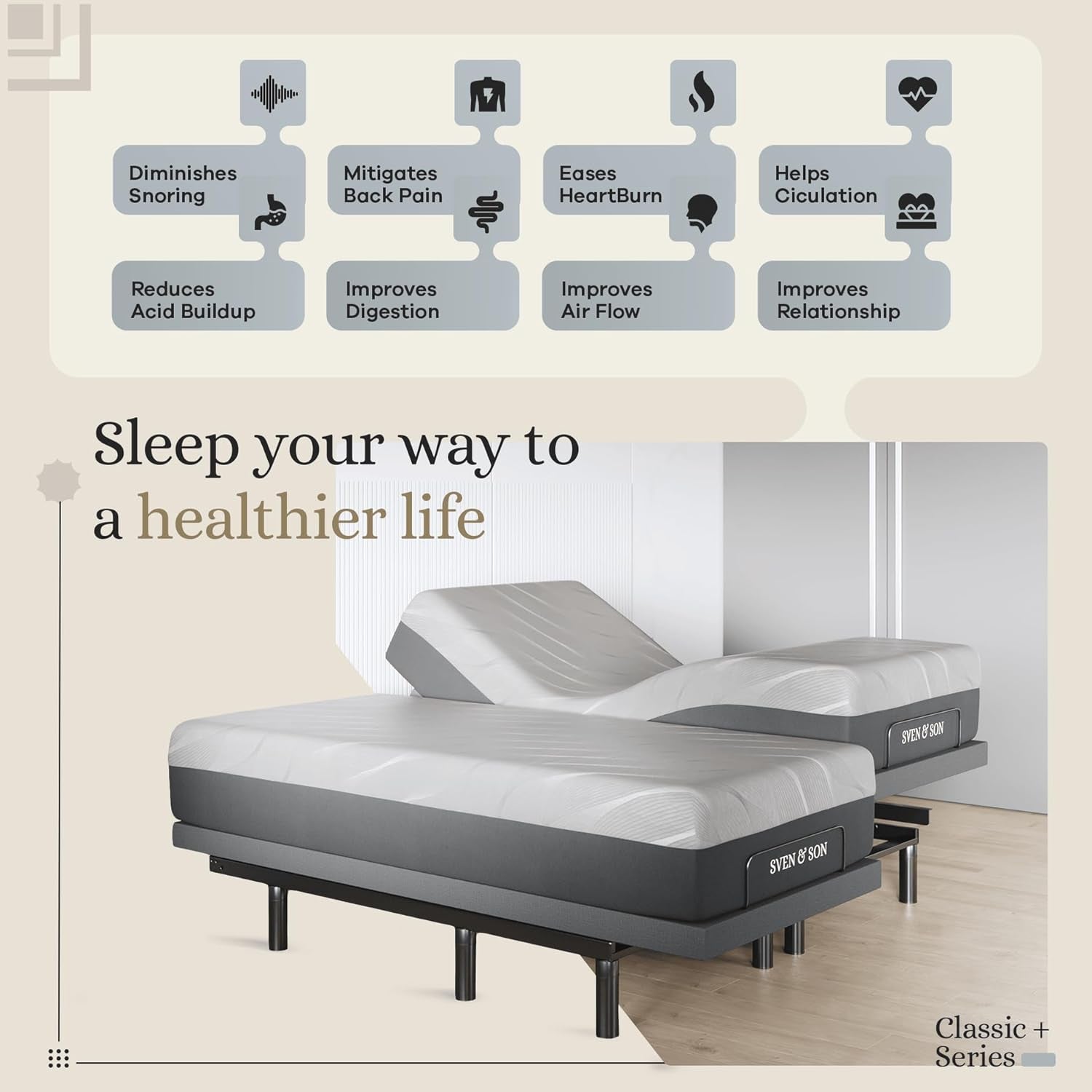 Harmony Adjustable Bed Base, Head and Foot Lift, Massage, Under-Bed Lights, USB, Gel Memory, Zero Gravity Smart Frame - Split King + 14 Inch Hybrid Spring Matt (Medium Soft)