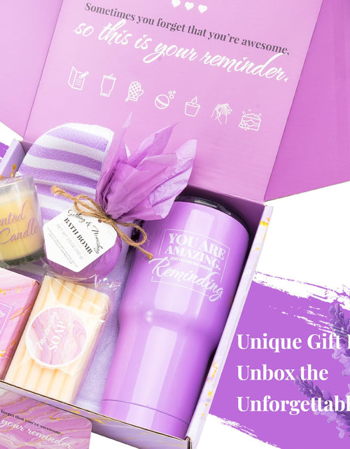 Load image into Gallery viewer, Self Care Gifts for Women Get Well Soon Gifts, Purple Birthday Gift Baskets, 8Pcs Lavender Bath and Body Sets with 20Oz Vacuum Insulated Tumbler Mother&#39;S Day Gifts for Mom
