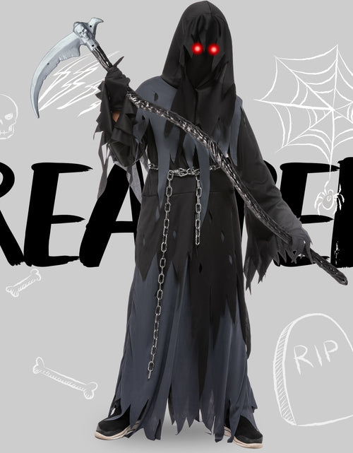 Load image into Gallery viewer, Glowing Eyes Grim Reaper Costume for Kids, Dark Knight Reaper Phantom Costume for Halloween Dress up Role Playing Cosplay 5-12 Years
