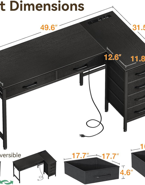 Load image into Gallery viewer, 50 Inch L Shaped Desk with Drawers, Computer Desk with Power Outlets, Home Office Desk with 6 Drawers, Reversible Corner Desk for Small Space, Study Work Table with Hook, Black
