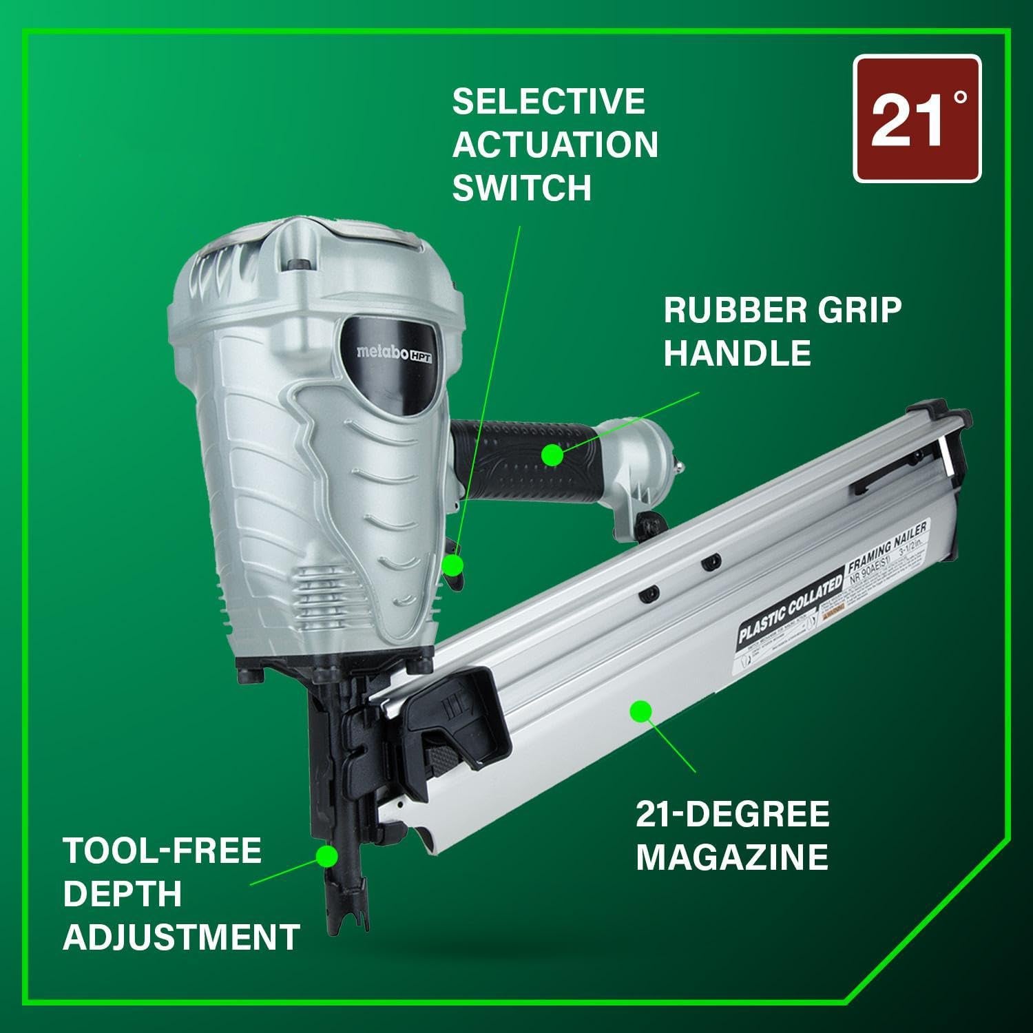 Framing Nailer, Pro-Preferred Power Nailer for Flooring, Roof Decking, and More, Lightweight 7.5 Lbs Framing Tool for 21° 2" to 3-1/2" Plastic Collated Nails, NR90AES1
