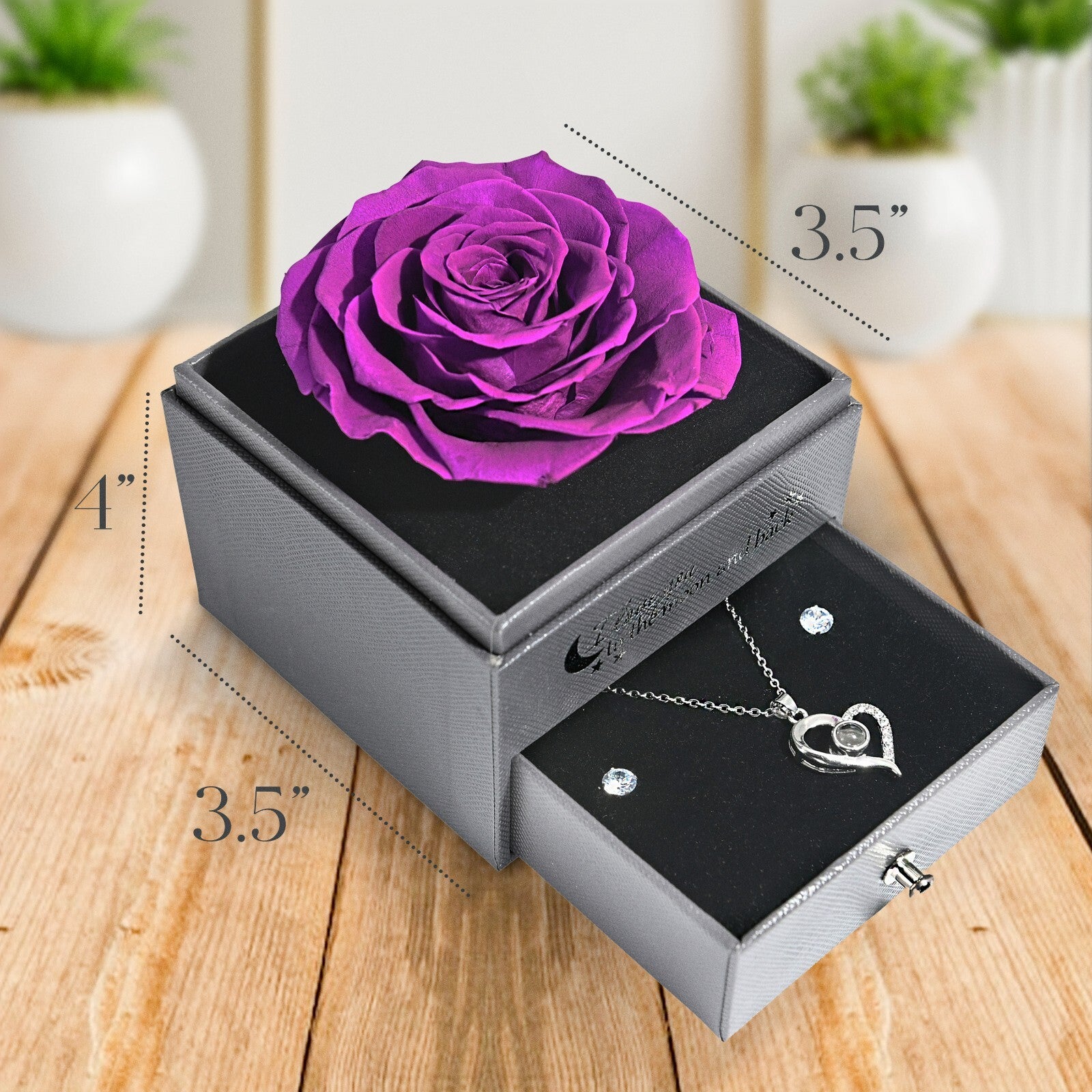 Glamour Boutique Preserved Rose in a Box with I Love You Necklace in 100 Languag