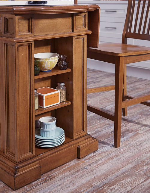 Load image into Gallery viewer, Americana Cottage Oak 3-Piece Kitchen Island Set with Hardwood Drop Leaf Top and Two Counter Stools
