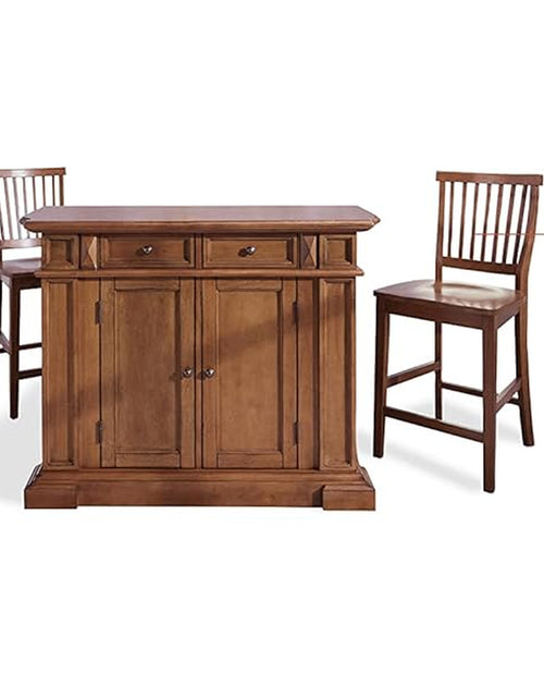 Load image into Gallery viewer, Americana Cottage Oak 3-Piece Kitchen Island Set with Hardwood Drop Leaf Top and Two Counter Stools

