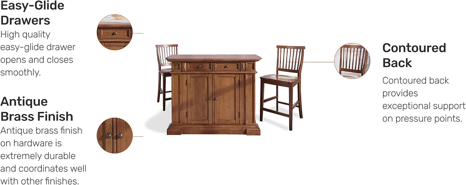 Americana Cottage Oak 3-Piece Kitchen Island Set with Hardwood Drop Leaf Top and Two Counter Stools