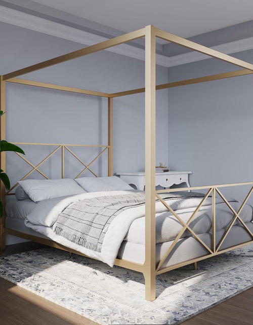 Load image into Gallery viewer, Rosedale Metal Canopy Bed Frame with Four Poster Design and Geometric Accented Headboard and Footboard, Underbed Storage Space, Queen, Gold
