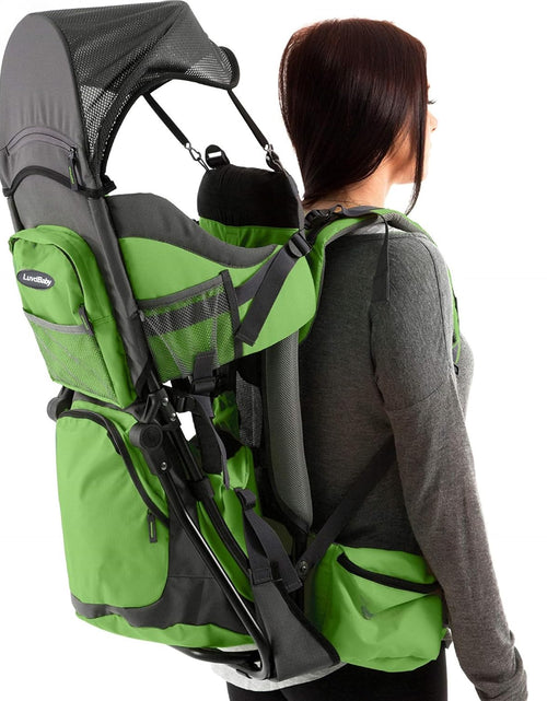 Load image into Gallery viewer, Hiking Baby Carrier Backpack - Comfortable Toddler/Baby Backpack Carrier System with Diaper Change Pad, Insulated Pocket + Rain and Sun Hood to Protect Your Child
