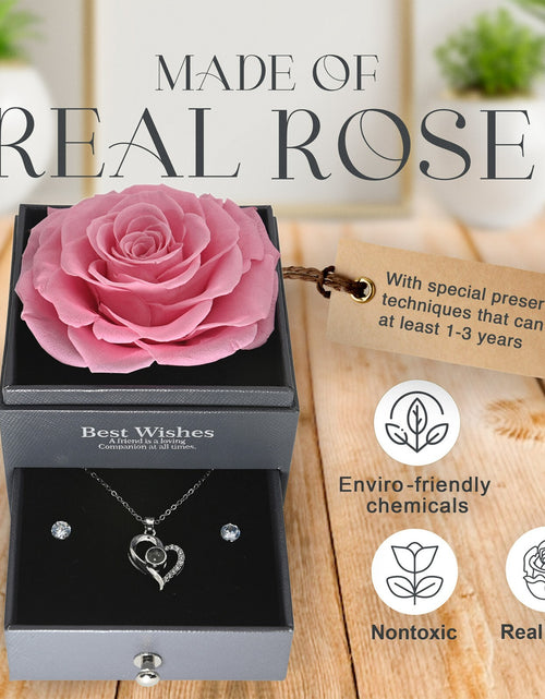 Load image into Gallery viewer, Glamour Boutique Preserved Rose in a Box with I Love You Necklace in 100 Languag
