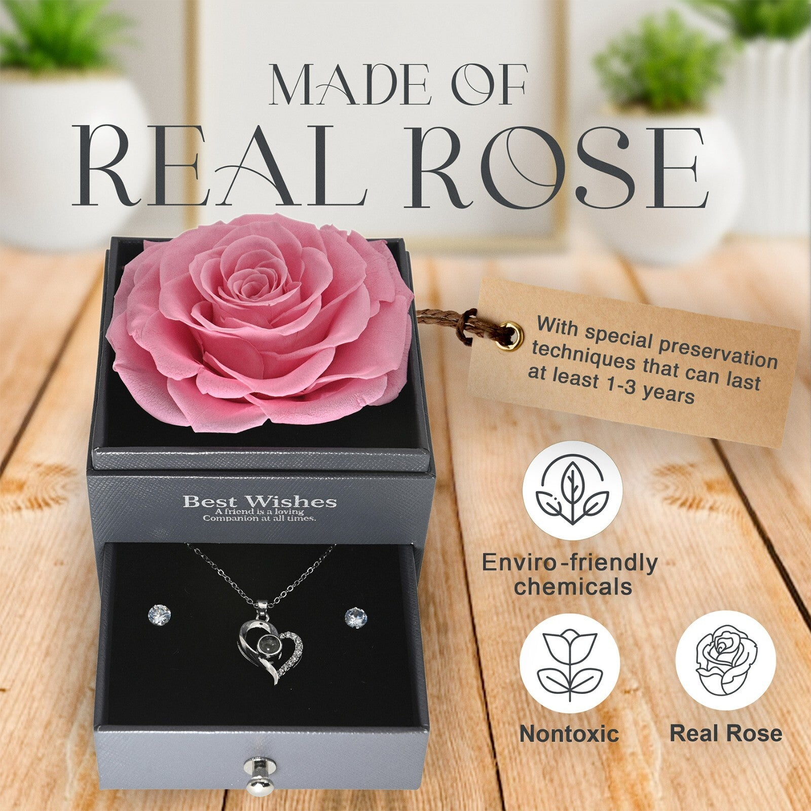 Glamour Boutique Preserved Rose in a Box with I Love You Necklace in 100 Languag