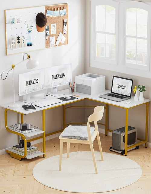 Load image into Gallery viewer, Reversible L Shaped Desk with Large Surface, 61 Inch Sturdy Corner Desk with Storage Shelves, Premium Office Computer Desk Workstation for Home Office Gaming
