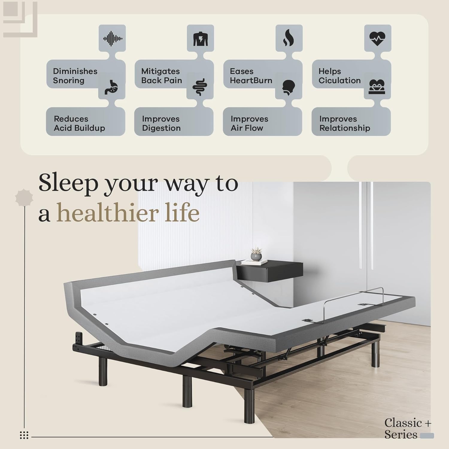 Harmony Adjustable Bed Base, Head and Foot Lift, Massage, Under-Bed Lights, USB, Gel Memory, Zero Gravity Smart Frame - King